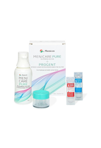 Menicare Pure Kit départ (1 flacon 70 ml +1 étui LRPO + 1 dose A B Progent + 1 étui Progent) - Péremption 01/2027 - solutions pour lentille rigide - irisoft
